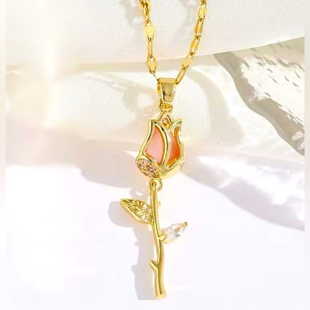 18K Gold Rose Jade Flower Long Stem Pave Diamond Accent Diamond Leaf Necklace
